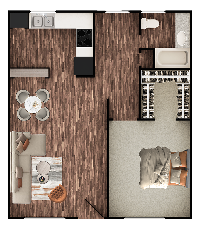 Floor plan for 1 bed, 1 bath, 850 sqft